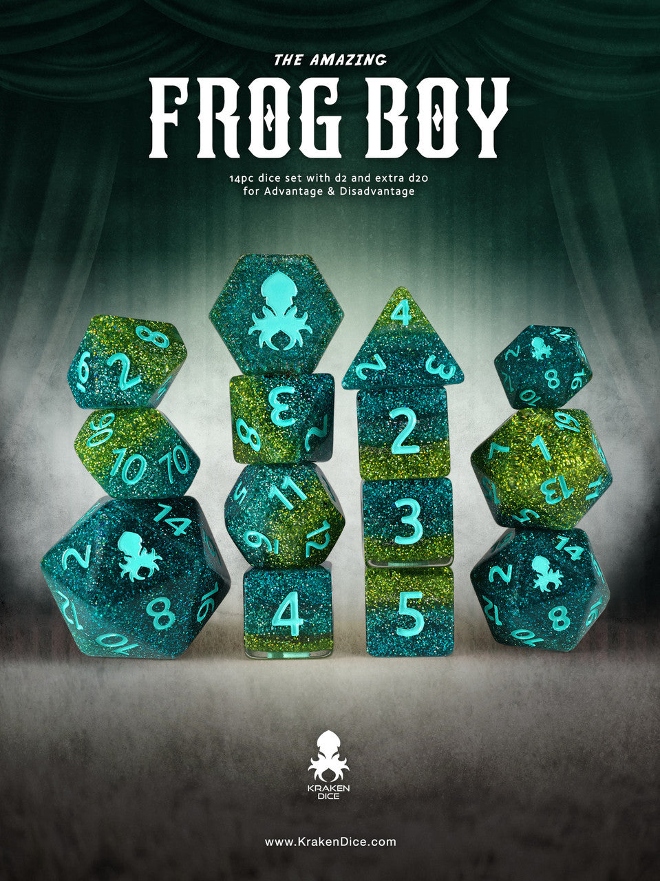 The Amazing Frog Boy 14pc Dice Set Inked in Teal